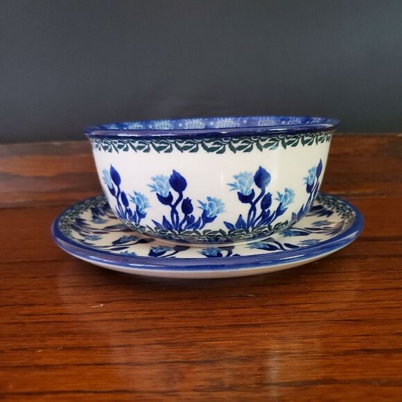 Boleslawiec Polish Pottery 5"  Blue Butterfly Bowl with Matching Underplate - Picture 1 of 6